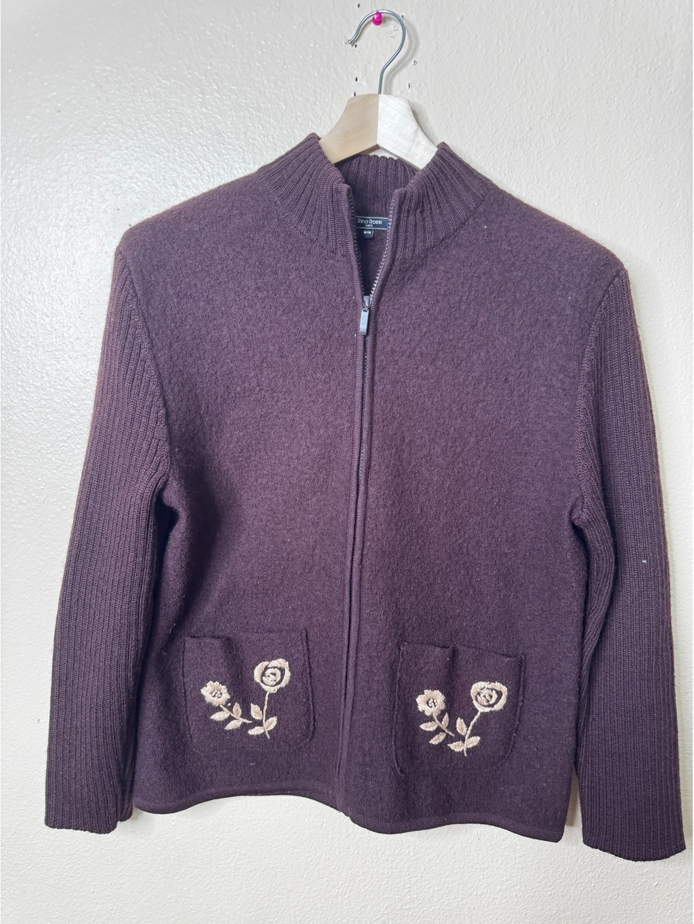 Rino Rossi Women’s Medium Brown 100% Boiled Wool Zip Jacket Floral Embroidery